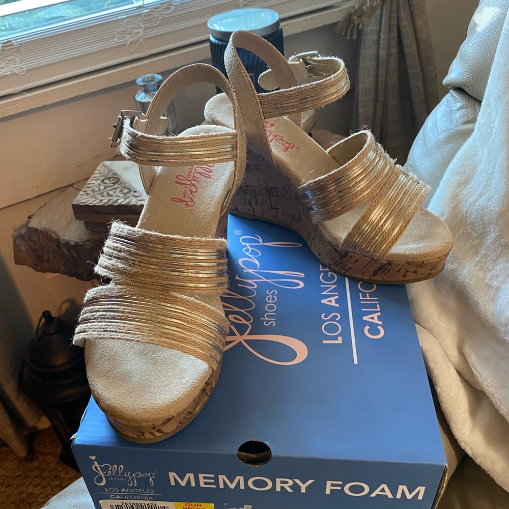 Jellypop Gold Wedge Sandals with Ankle Straps